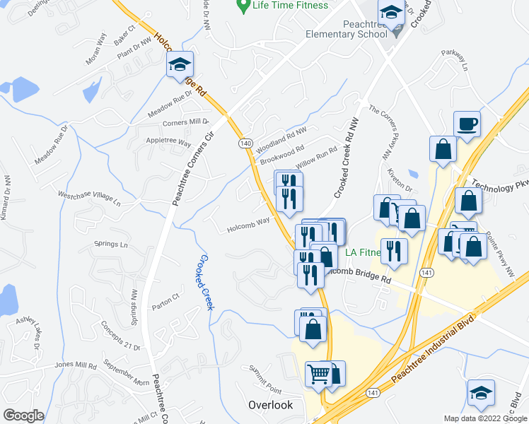 map of restaurants, bars, coffee shops, grocery stores, and more near 3495 Holcomb Bridge Road in Norcross