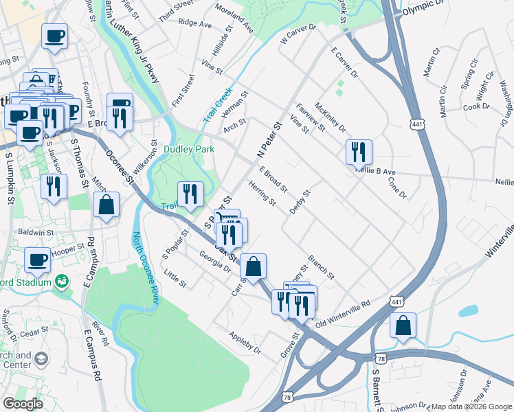 map of restaurants, bars, coffee shops, grocery stores, and more near 155 Harper Street in Athens