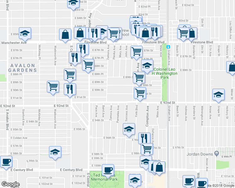 map of restaurants, bars, coffee shops, grocery stores, and more near 1342 East 91st Street in Los Angeles