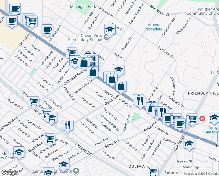 map of restaurants, bars, coffee shops, grocery stores, and more near 14426 Whittier Boulevard in Whittier