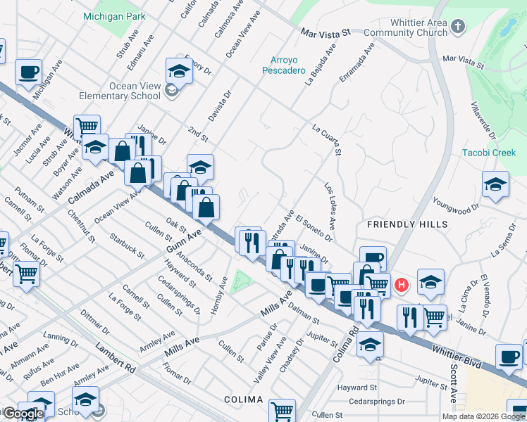map of restaurants, bars, coffee shops, grocery stores, and more near 8787 Via Linda Avenue in Whittier