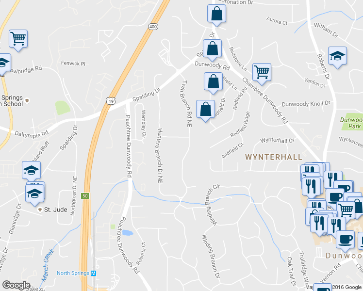 map of restaurants, bars, coffee shops, grocery stores, and more near 7290 Twin Branch Rd NE in Atlanta