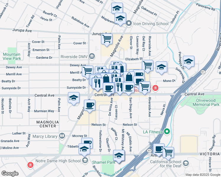 map of restaurants, bars, coffee shops, grocery stores, and more near 3639 Riverside Plaza Drive in Riverside