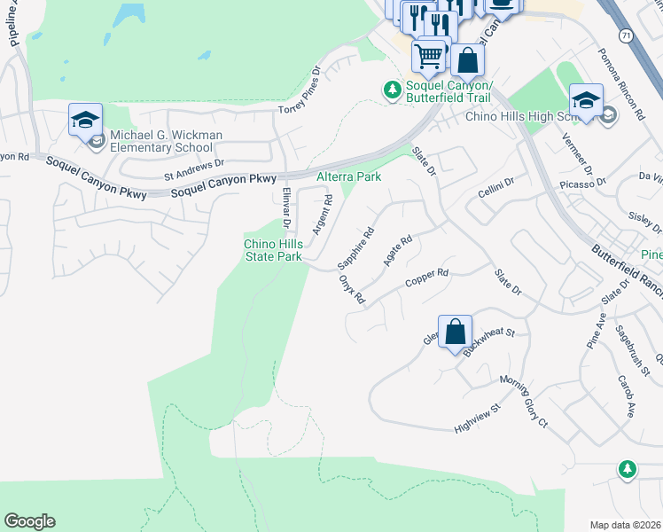 map of restaurants, bars, coffee shops, grocery stores, and more near 4808 Sapphire Road in Chino Hills