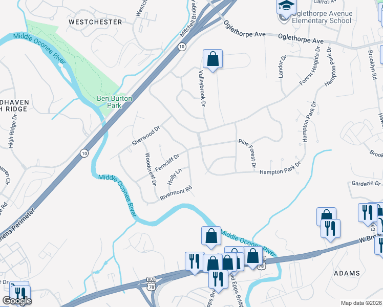map of restaurants, bars, coffee shops, grocery stores, and more near 225 Rivermont Road in Athens