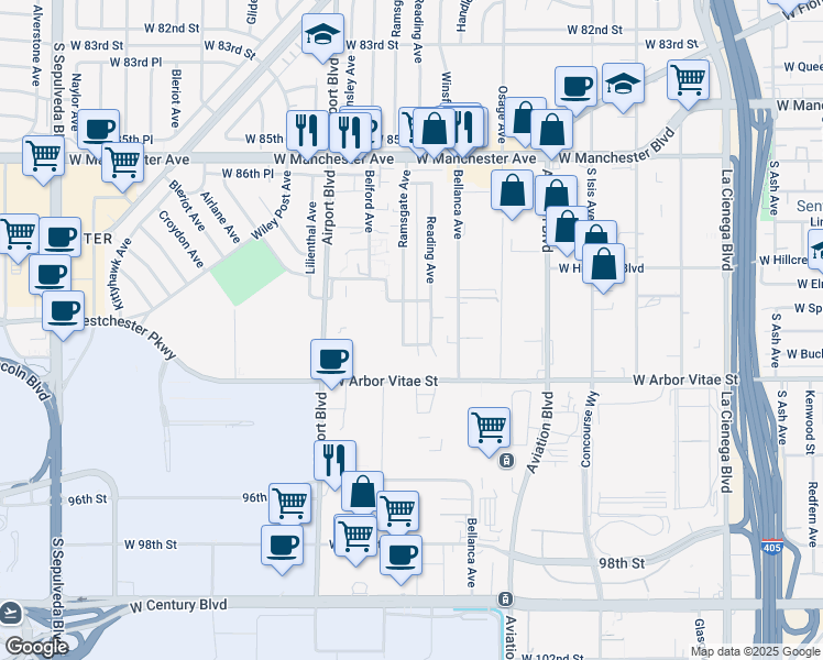 map of restaurants, bars, coffee shops, grocery stores, and more near 9028 Ramsgate Avenue in Los Angeles