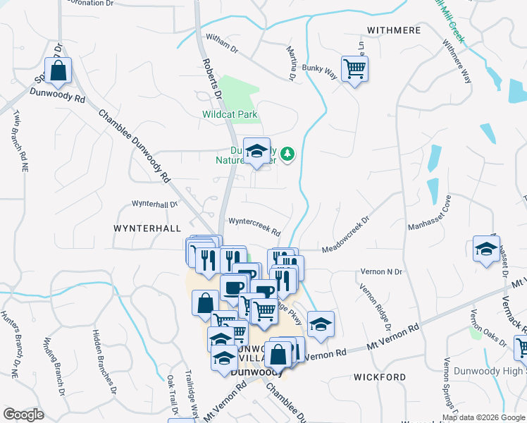 map of restaurants, bars, coffee shops, grocery stores, and more near 1344 Wyntercreek Road in Dunwoody