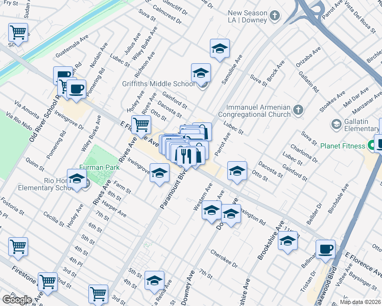 map of restaurants, bars, coffee shops, grocery stores, and more near 10032 Paramount Boulevard in Downey