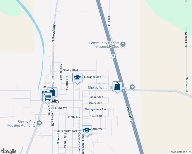 map of restaurants, bars, coffee shops, grocery stores, and more near North Dianne Street in Shelby