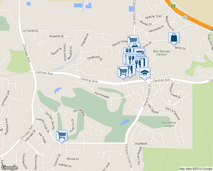 map of restaurants, bars, coffee shops, grocery stores, and more near 1150 Central Avenue in Riverside