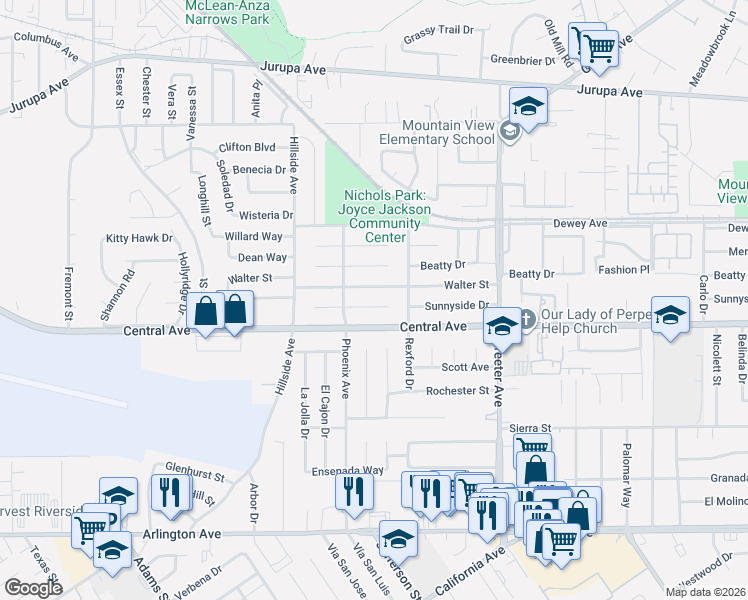map of restaurants, bars, coffee shops, grocery stores, and more near 5572 Norman Way in Riverside