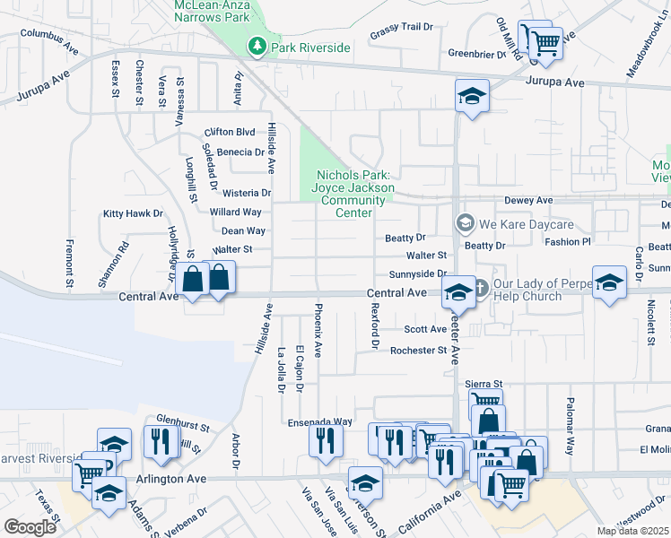 map of restaurants, bars, coffee shops, grocery stores, and more near 5572 Norman Way in Riverside