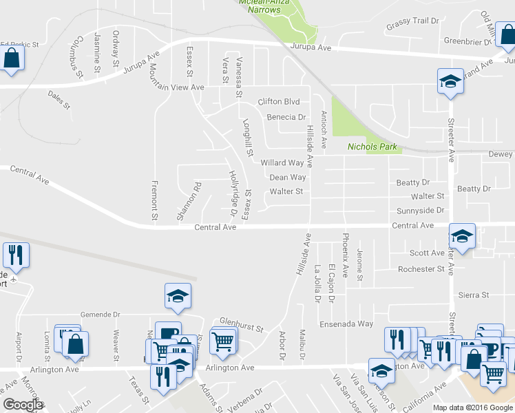 map of restaurants, bars, coffee shops, grocery stores, and more near 5834 Norman Way in Riverside