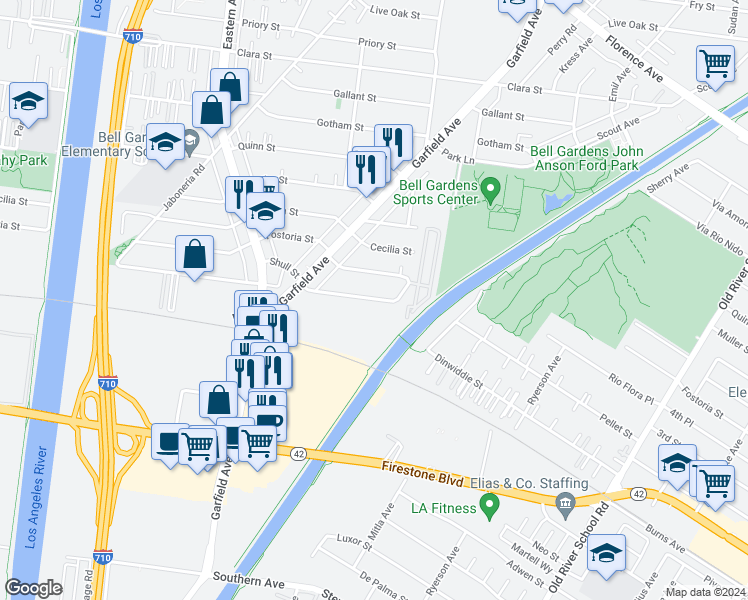 map of restaurants, bars, coffee shops, grocery stores, and more near 6006 Shull Street in Bell Gardens