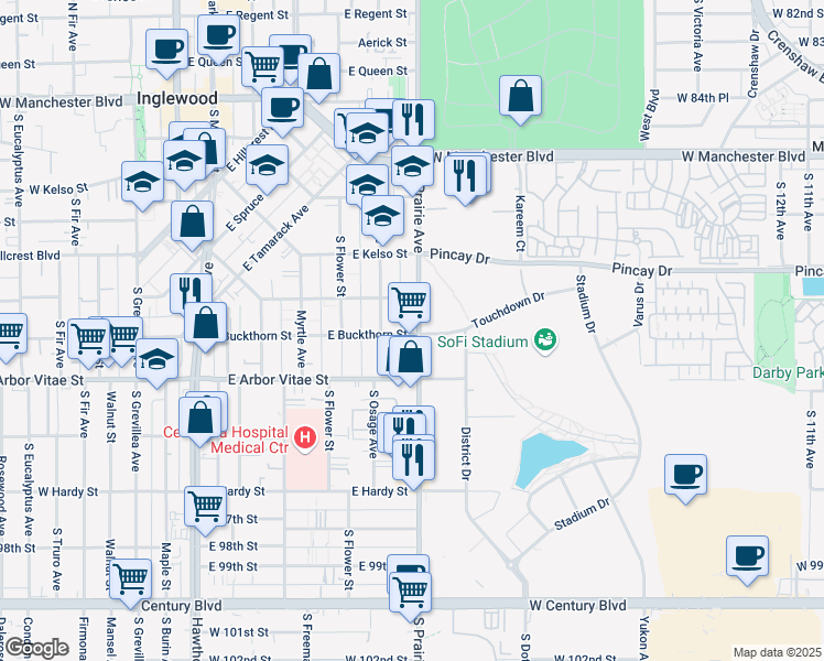 map of restaurants, bars, coffee shops, grocery stores, and more near 803 South Prairie Avenue in Inglewood