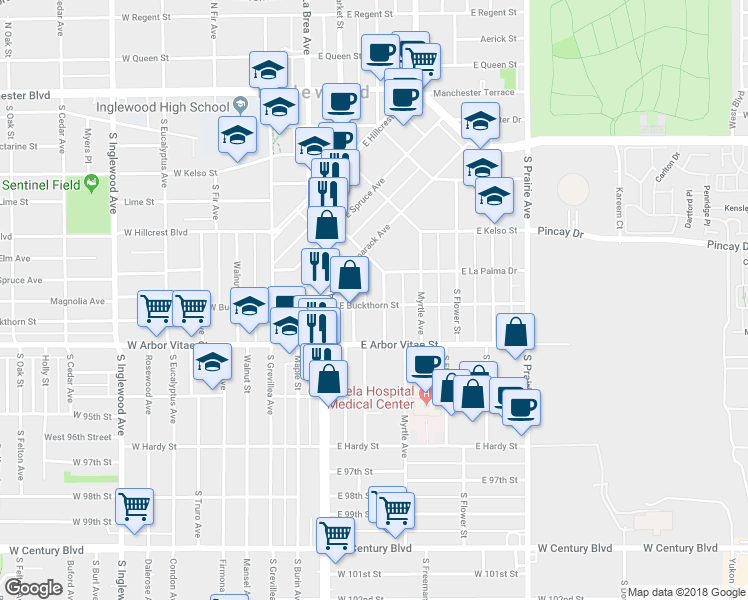 map of restaurants, bars, coffee shops, grocery stores, and more near 300 East Buckthorn Street in Inglewood