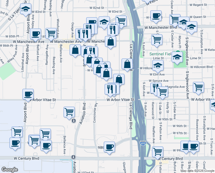 map of restaurants, bars, coffee shops, grocery stores, and more near 725 Hindry Avenue in Inglewood