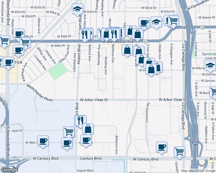map of restaurants, bars, coffee shops, grocery stores, and more near 9034 Reading Avenue in Los Angeles