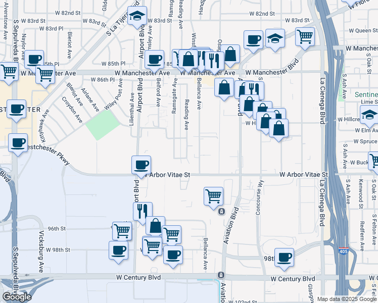 map of restaurants, bars, coffee shops, grocery stores, and more near 9034 Reading Avenue in Los Angeles