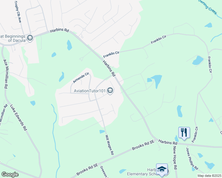 map of restaurants, bars, coffee shops, grocery stores, and more near 2715 Harbins Mill Drive in Dacula