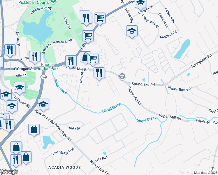map of restaurants, bars, coffee shops, grocery stores, and more near 233 Green Bridge Court Southeast in Lawrenceville