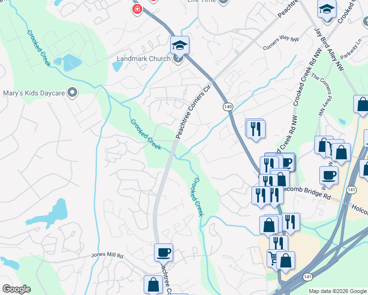 map of restaurants, bars, coffee shops, grocery stores, and more near 6370 Hawthorne Terrace in Norcross