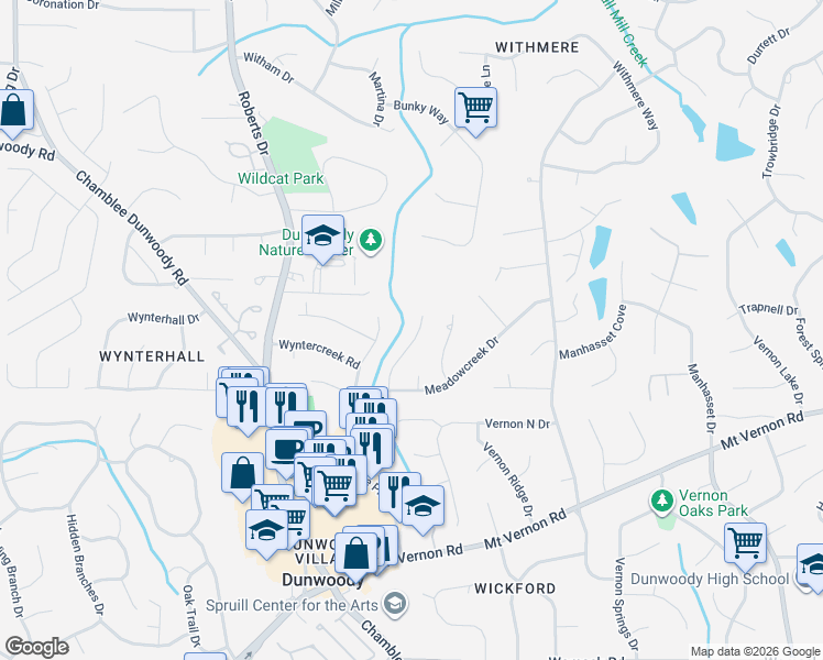 map of restaurants, bars, coffee shops, grocery stores, and more near 5268 Wyntercreek Way in Dunwoody