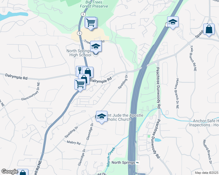 map of restaurants, bars, coffee shops, grocery stores, and more near 7915 Highland Bluff in Atlanta