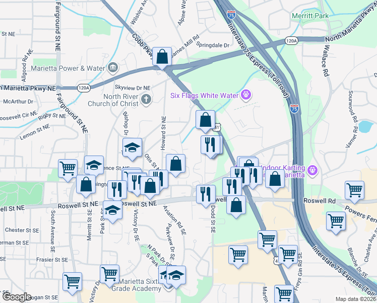 map of restaurants, bars, coffee shops, grocery stores, and more near 220 Fender Walk in Marietta
