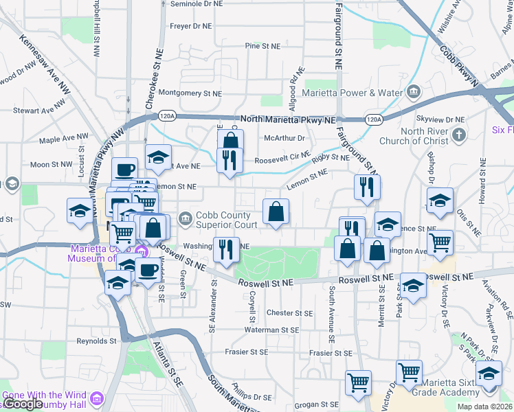 map of restaurants, bars, coffee shops, grocery stores, and more near 111 Lake Street in Marietta