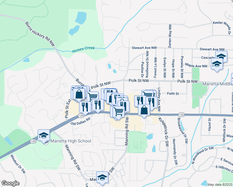map of restaurants, bars, coffee shops, grocery stores, and more near 920 Wemberley Lane in Marietta