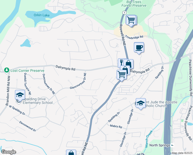 map of restaurants, bars, coffee shops, grocery stores, and more near 7300 Wynhill Drive Northeast in Atlanta