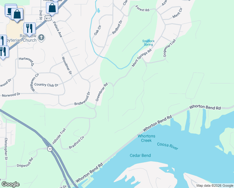 map of restaurants, bars, coffee shops, grocery stores, and more near 148 Greenbriar Road in Gadsden