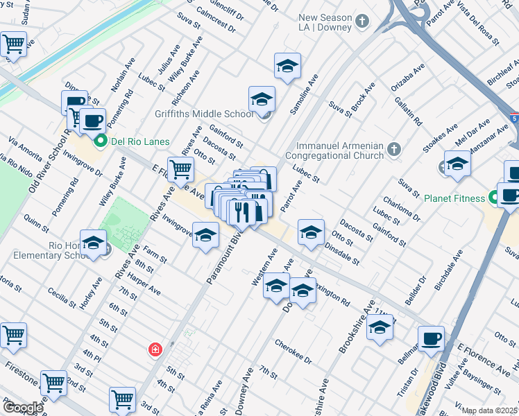 map of restaurants, bars, coffee shops, grocery stores, and more near 10032 Paramount Boulevard in Downey