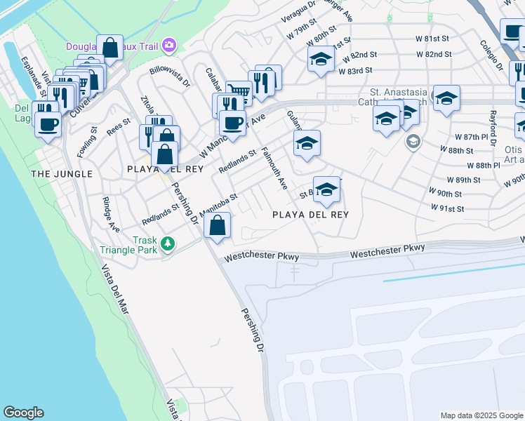 map of restaurants, bars, coffee shops, grocery stores, and more near 8174 Manitoba Street in Los Angeles