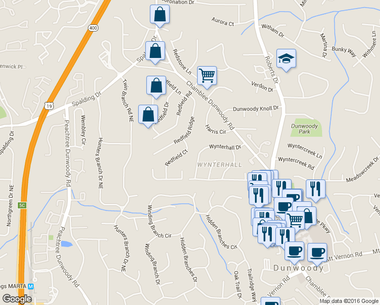 map of restaurants, bars, coffee shops, grocery stores, and more near 5275 Redfield Court in Dunwoody