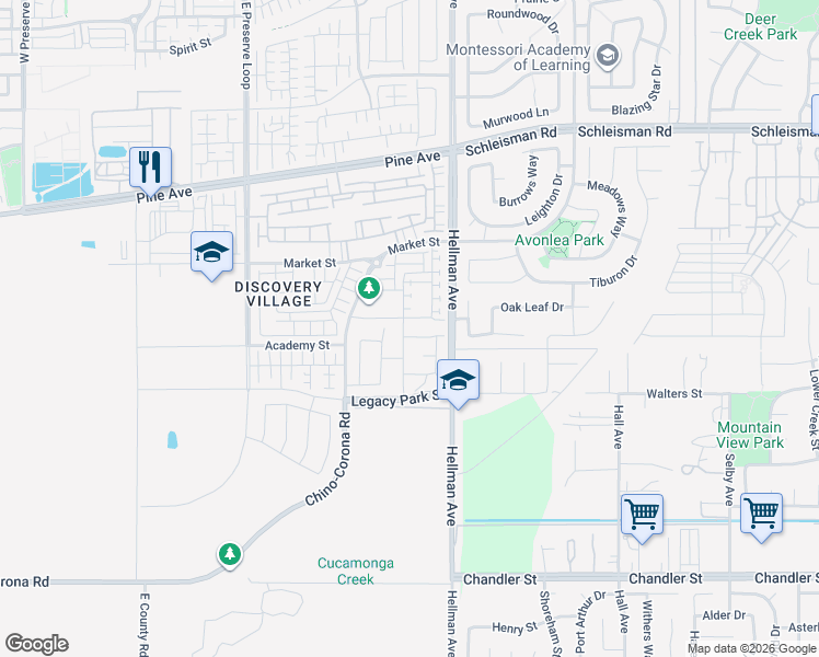 map of restaurants, bars, coffee shops, grocery stores, and more near 16497 Trailblazer Avenue in Chino