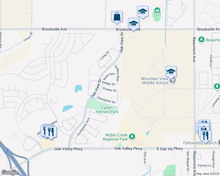 map of restaurants, bars, coffee shops, grocery stores, and more near 729 Flower Street in Beaumont