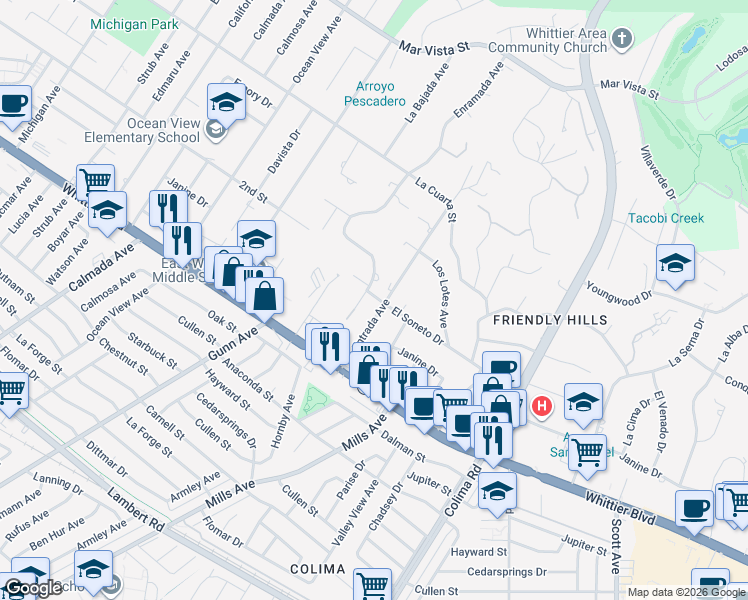 map of restaurants, bars, coffee shops, grocery stores, and more near 8781 Enramada Avenue in Whittier
