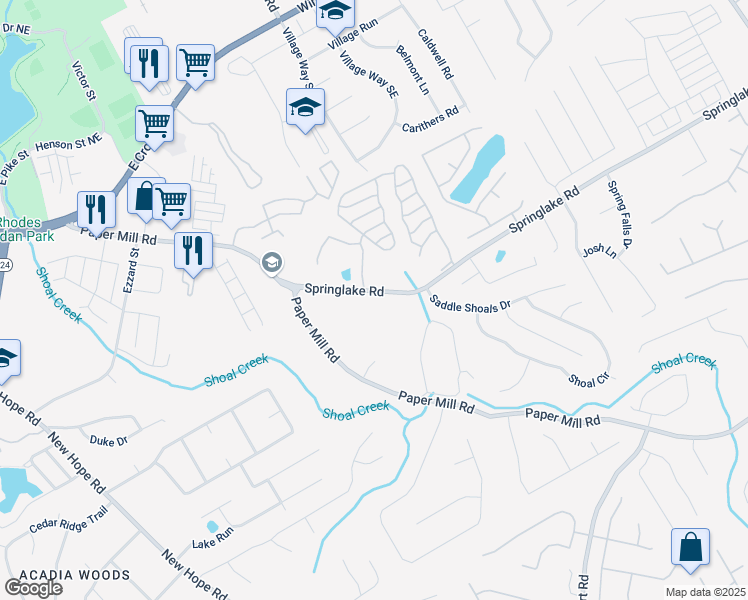 map of restaurants, bars, coffee shops, grocery stores, and more near 404 Springlake Road in Lawrenceville