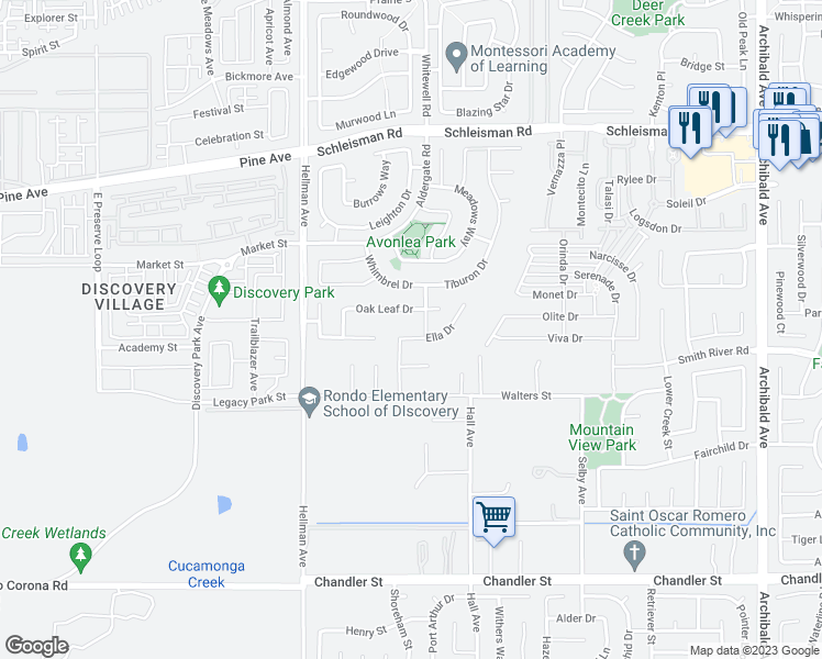 map of restaurants, bars, coffee shops, grocery stores, and more near 14784 Ella Drive in Corona