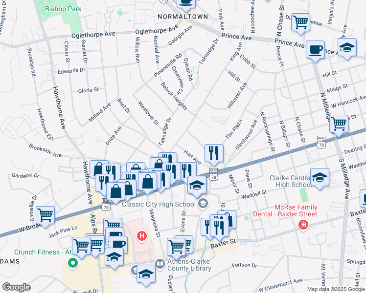 map of restaurants, bars, coffee shops, grocery stores, and more near 160 Hart Avenue in Athens