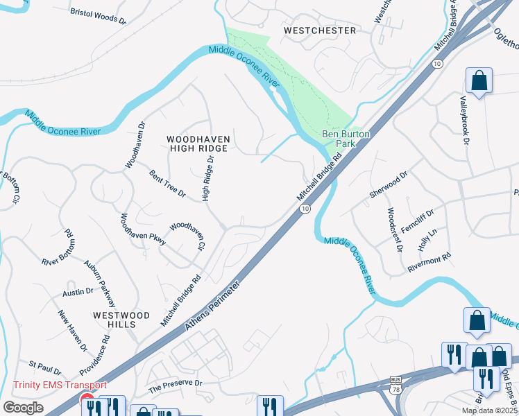 map of restaurants, bars, coffee shops, grocery stores, and more near 700 Mitchell Bridge Road in Athens