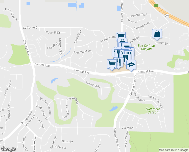 map of restaurants, bars, coffee shops, grocery stores, and more near 1150 Central Avenue in Riverside