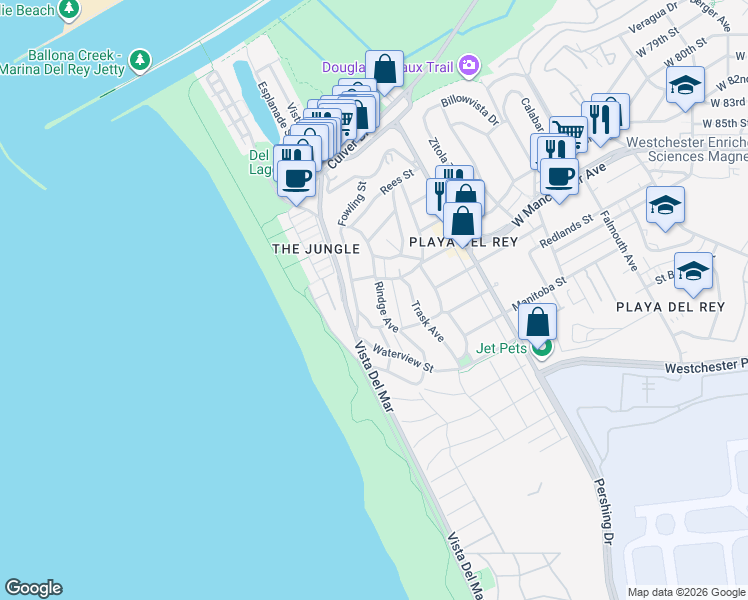 map of restaurants, bars, coffee shops, grocery stores, and more near 7335 Vista Del Mar Lane in Los Angeles