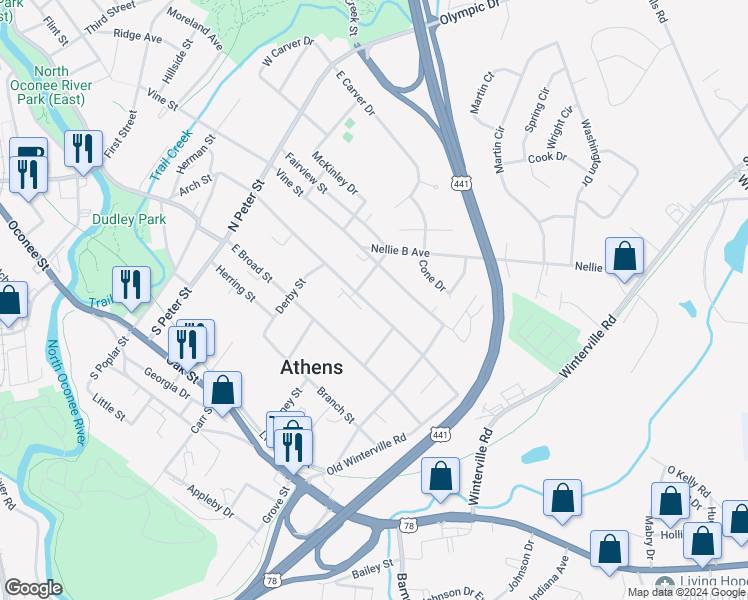 map of restaurants, bars, coffee shops, grocery stores, and more near 357 Arch Street in Athens