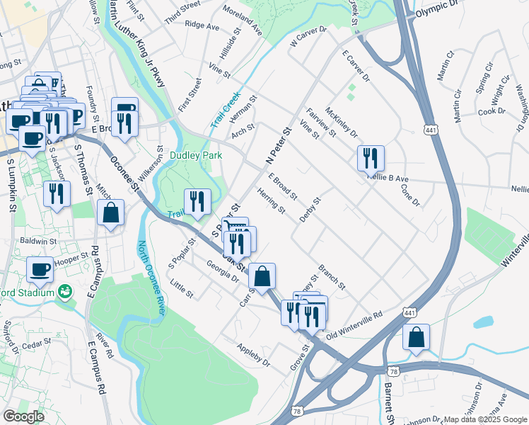 map of restaurants, bars, coffee shops, grocery stores, and more near 155 Harper Street in Athens