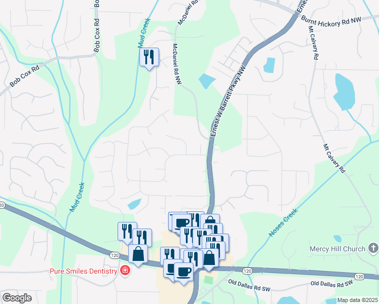 map of restaurants, bars, coffee shops, grocery stores, and more near 2458 Zachary Woods Drive Northwest in Marietta