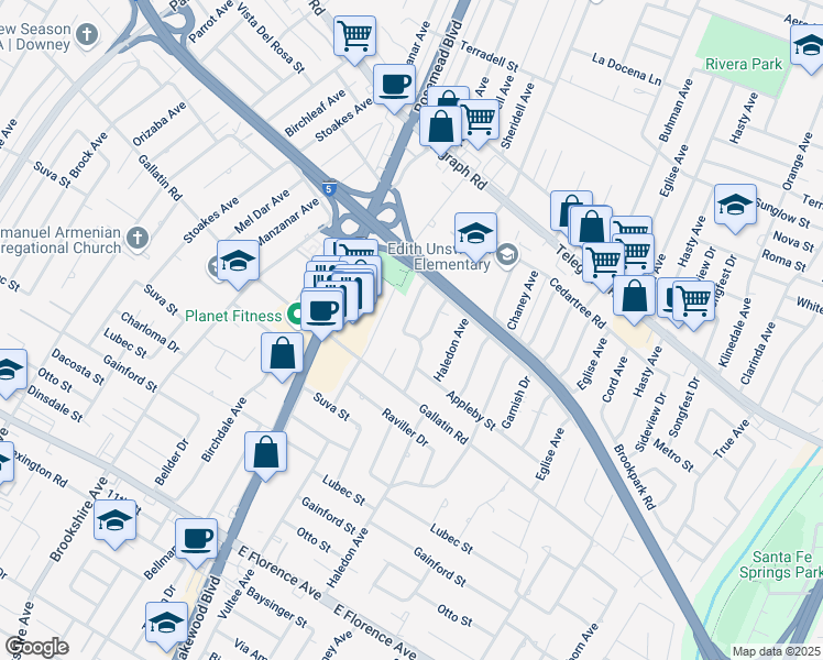 map of restaurants, bars, coffee shops, grocery stores, and more near 9229 Clancey Avenue in Downey