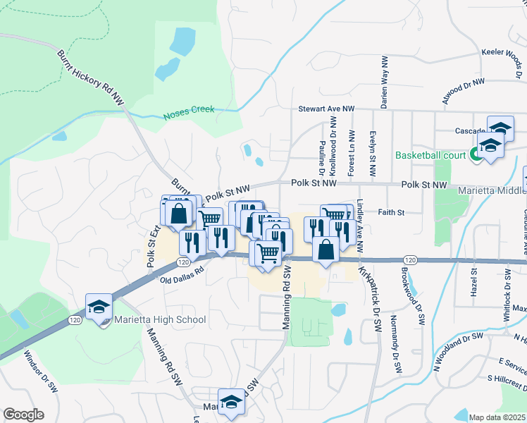 map of restaurants, bars, coffee shops, grocery stores, and more near 920 Wemberley Lane in Marietta